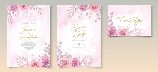 Set of beautiful wedding invitation template with hand drawn pink roses flower ornament