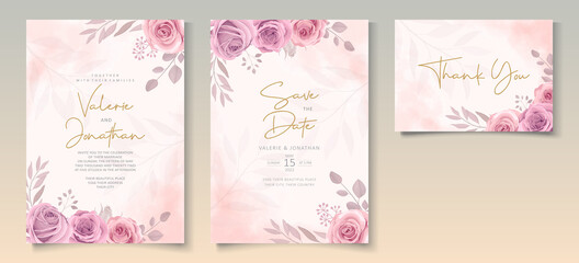 Fototapeta na wymiar Set of beautiful wedding invitation template with hand drawn pink roses flower ornament