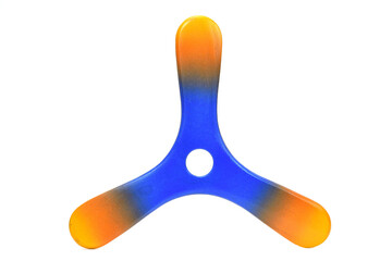 3 wings wooden boomerang painted orange, yellow and blue, isolated on white background, center hole for finger catching - obrazy, fototapety, plakaty