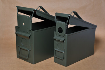 Military ammunition green metal boxes with open lid