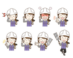 ヘルメットを被った建設作業員女性の表情ポーズセット