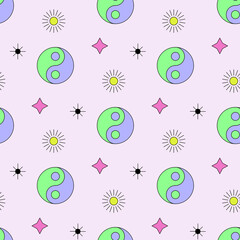 Multicolored yin yang and stars seamless pattern vector art.