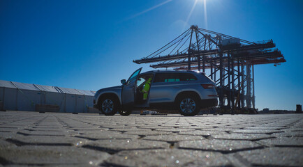 Stockholm Norvik Port, Sweden, 2020-03-18: Aerial view of installing new cranes, shipped from China to Sweden. High quality photo