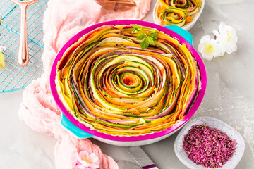 vegetable Spiral tart with zucchini, eggplant, carrot