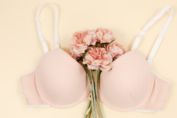 Fototapeta na wymiar Pink modern lady essentials: bra and cotton panty. Fashionable lingerie, female underwear. Lace gentle panties and bra on pastel beige background. Beauty, fashion, blogger, social media content 