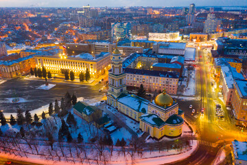 Scenic night aerial view of Lipetsk central square in winter overlooking Nativity of Christ Cathedral, Russia