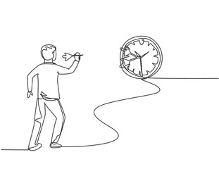Single one line drawing of young business man hit the analog clock on wall with dart arrow. Business time discipline metaphor concept. Modern continuous line draw design graphic vector illustration
