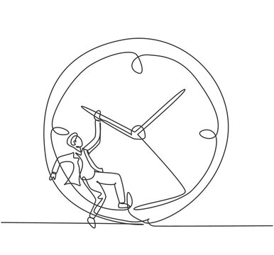 Single one line drawing of young business man hanging on clockwise of giant analog clock. Business time discipline metaphor concept. Modern continuous line draw design graphic vector illustration