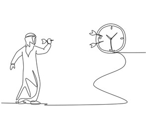 Single continuous line drawing young Arab business man hit the analog clock on wall with dart arrow. Focus target business metaphor concept. Dynamic one line draw graphic design vector illustration.