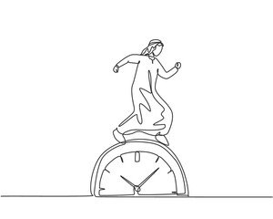 Continuous one line drawing young Arab male worker walking on the big analog clock. Minimalism metaphor business deadline concept. Single line draw design vector graphic illustration.