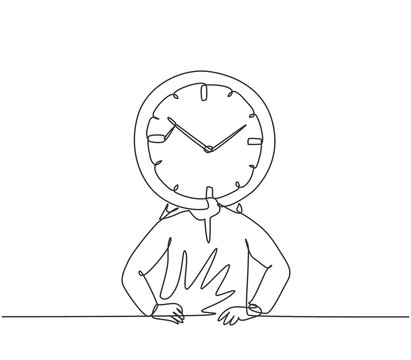 Single one line drawing of young Arabian business man with analog clock head at the office. Business time discipline metaphor concept. Modern continuous line draw design graphic vector illustration.