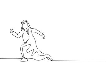 Single one line drawing of young Arabian business man running chased by work deadline. Business time discipline urgency metaphor concept. Modern continuous line draw design graphic vector illustration