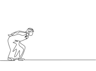 Single one line drawing of young Arabian business man bent over because work overload. Business time discipline metaphor concept. Modern continuous line draw design graphic vector illustration.