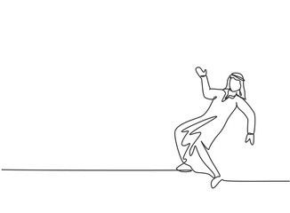 Single one line drawing of young Arabian business man dancing on the street. Happy with his business challenge minimal metaphor concept. Modern continuous line draw design graphic vector illustration