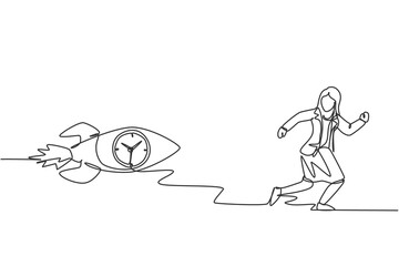 Single one line drawing of young business woman chased by flying rocket analog clock inside. Rush hour management business minimalist concept. Continuous line draw design graphic vector illustration.