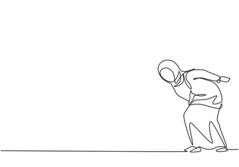 Single one line drawing of young Arabian business woman bent over because work overload. Business time discipline metaphor concept. Modern continuous line draw design graphic vector illustration.