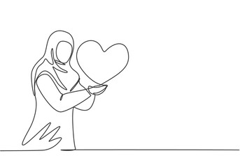 Single continuous line drawing young Arab business woman stretched out her arms with love symbol. Feeling happy with her goals metaphor concept. One line draw graphic design vector illustration.