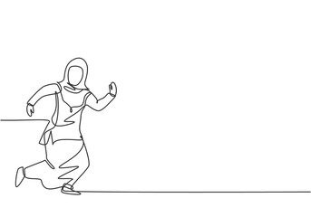 Single continuous line drawing young Arab business woman running chased by work deadline. Business time discipline metaphor concept. Dynamic one line draw graphic design vector illustration.