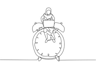Single continuous line drawing young Arab business woman sitting on big analog alarm clock and typing on laptop. Business discipline metaphor concept. One line draw graphic design vector illustration.