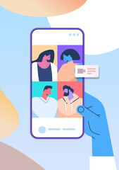 hand using mobile app for virtual conference meeting friends discussing during video call on smartphone screen