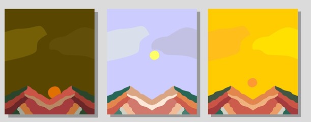 Set of minimal posters with abstract organic shapes composition in trendy contemporary collage style  with decorative mountain and season For postcard, poster, poster, brochure, cover design