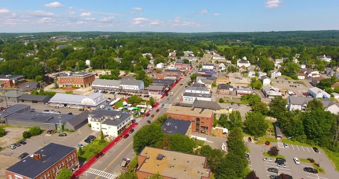 Derry historic town center aerial view on Broadway with Chester Town Hall and Public Library, Derry, New Hampshire NH, USA.  