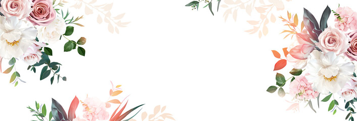 Floral banner arranged from leaves and flowers - obrazy, fototapety, plakaty