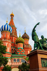 Monument of Minin and Pozharsky at front of St. Basil cathedral on Red Square in Moscow, Russia