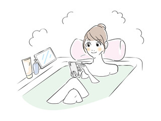 可愛い女性　バスタイム　スマートフォン
