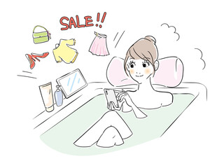 可愛い女性　バスタイム　ネットショッピング
