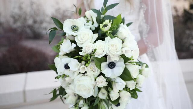 Floral Bouquet with White Flower Roses for Bride on Wedding Day