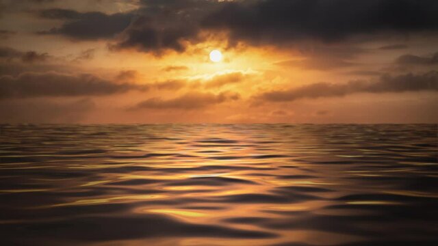 Abstract Ocean Water Animation. Colorful Sunset Cloudy Sky. Continuous Seamless loop. Nature Background
