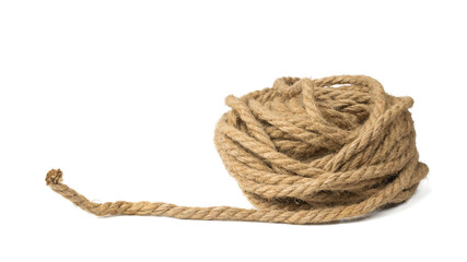 Unwinding coil of strong rope isolated on a white background.