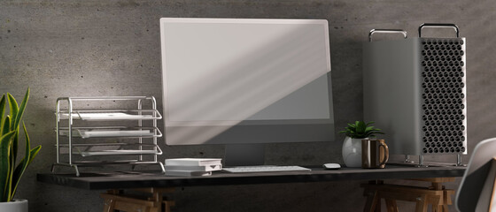 3D rendering, computer desk with office supplies and plant pots decorated in loft office room