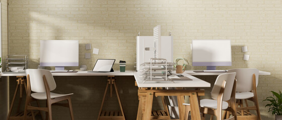 3D rendering, office room interior design with office desk, computer devices and office supplies