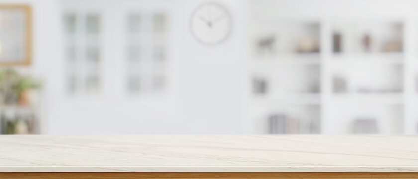 Empty marble counter, copy space on marble table in blurred living room background