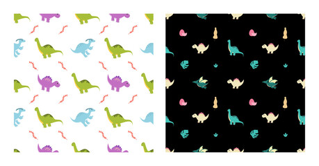 Cute Cartoon Dinosaurs Seamless Pattern as Spinosaurus, Parasaurolophus, Stegosaurus, Tyrannosaurus, Pterodactyl, and Diplodocus To Wallpaper Background or Posters. Illustration © denayune
