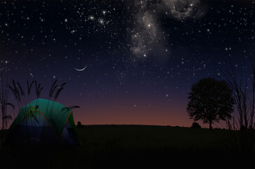 Beautiful bright stars over wide field with campin tent
