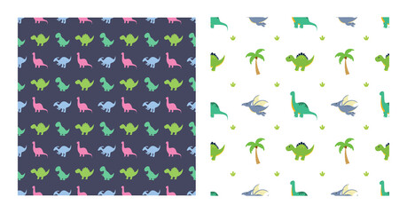 Cute Cartoon Dinosaurs Seamless Pattern as Spinosaurus, Parasaurolophus, Stegosaurus, Tyrannosaurus, Pterodactyl, and Diplodocus To Wallpaper Background or Posters. Illustration © denayune