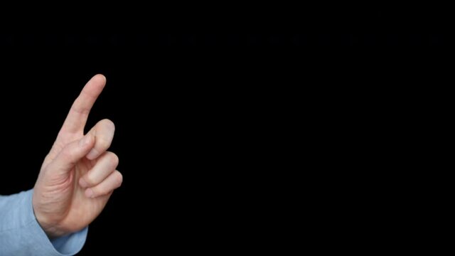 Cropped shot of person sliding and drawing line with finger. Close-up partial view of human hand touching something isolated on black background