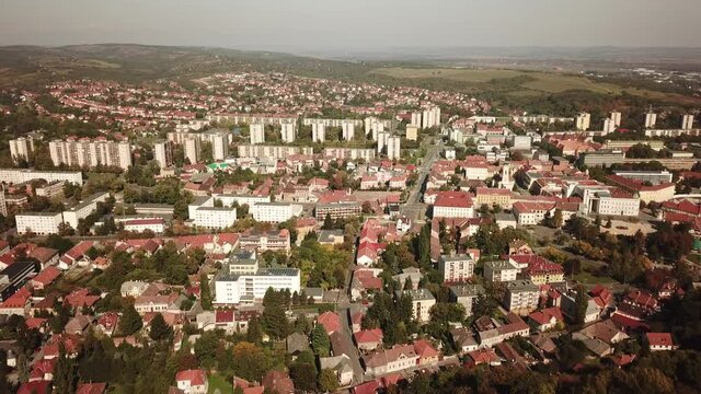 Cinematic aerial drone dolly clip of the Avas TV Tower in Miskolc, fourth largest city and a major industrial hub, Northern regional center of Hungary, capital of Borsod-Aba&uacute;j-Zempl&eacute;n county