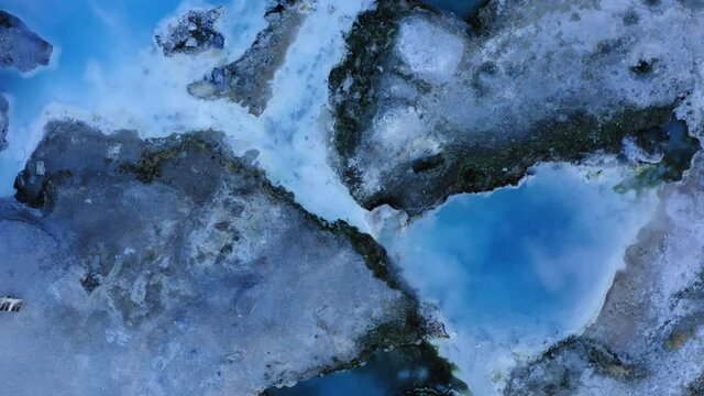 Steaming Hot Spring at Evening, Hot Creek Geological Site, Inyo National Forest, Aerial Top Down