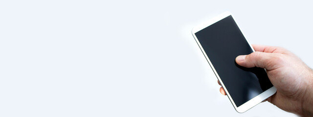 Phone in hand. Smartphone with a black screen on a white background.