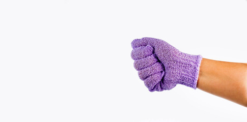 Hand clenched with purple cloth glove - White background