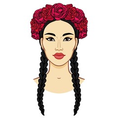 Cartoon portrait of a young beautiful girl in a crown of roses. Color drawing. Vector illustration isolated on a white background. Print, poster, T-shirt, postcard.