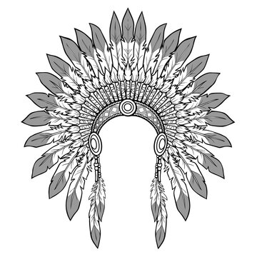 Linear monochrome drawing: ancient American Indian head dress.  Vector illustration isolated on a white background. Print, poster, T-shirt, postcard.