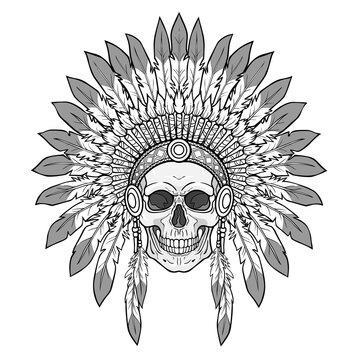 Animation portrait: human skull  in ancient American Indian head dress. Linear monochrome drawing. Vector illustration isolated on a white background. Print, poster, T-shirt, postcard.