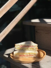 Breakfast which homemade Sandwich on wood tray