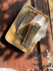 Breakfast which homemade Sandwich on wood tray