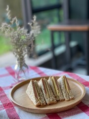 Breakfast which homemade Sandwich on wood tray